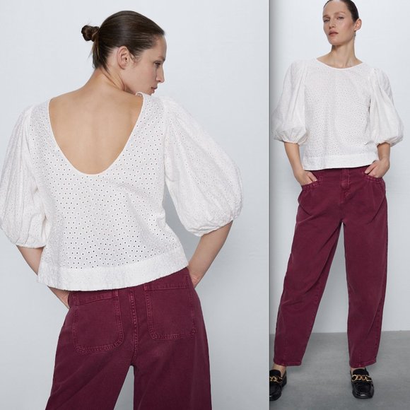Zara Tops - EMBROIDERED EYELET BLOUSE-Oyster White-4786/063